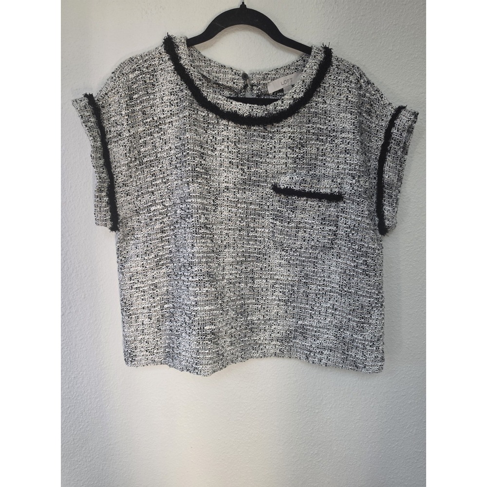 LOFT Blouse Women M Black White Tweed Short Sleeve Round Neck Top Shirt